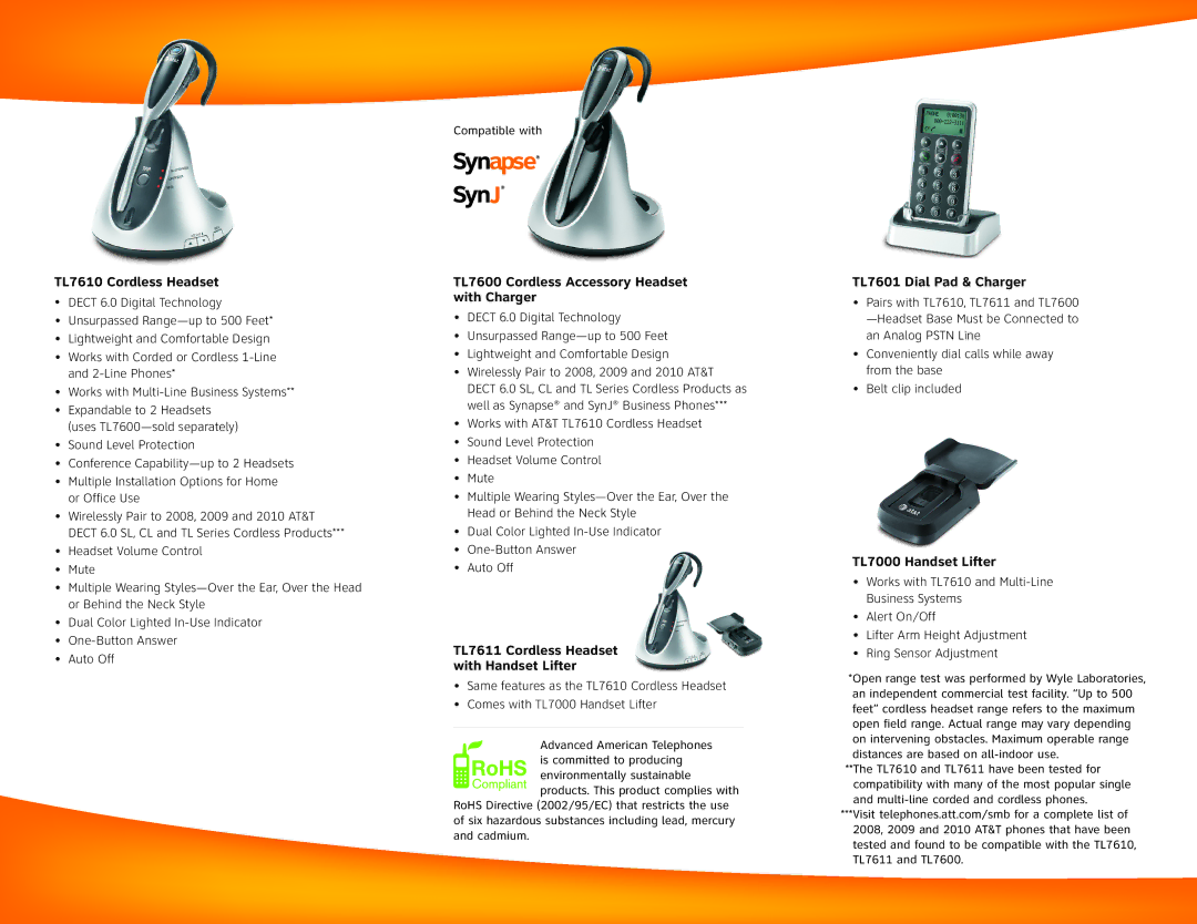 A & T International TL7610 Cordless Headset, TL7600 Cordless Accessory Headset with Charger, TL7601 Dial Pad & Charger 