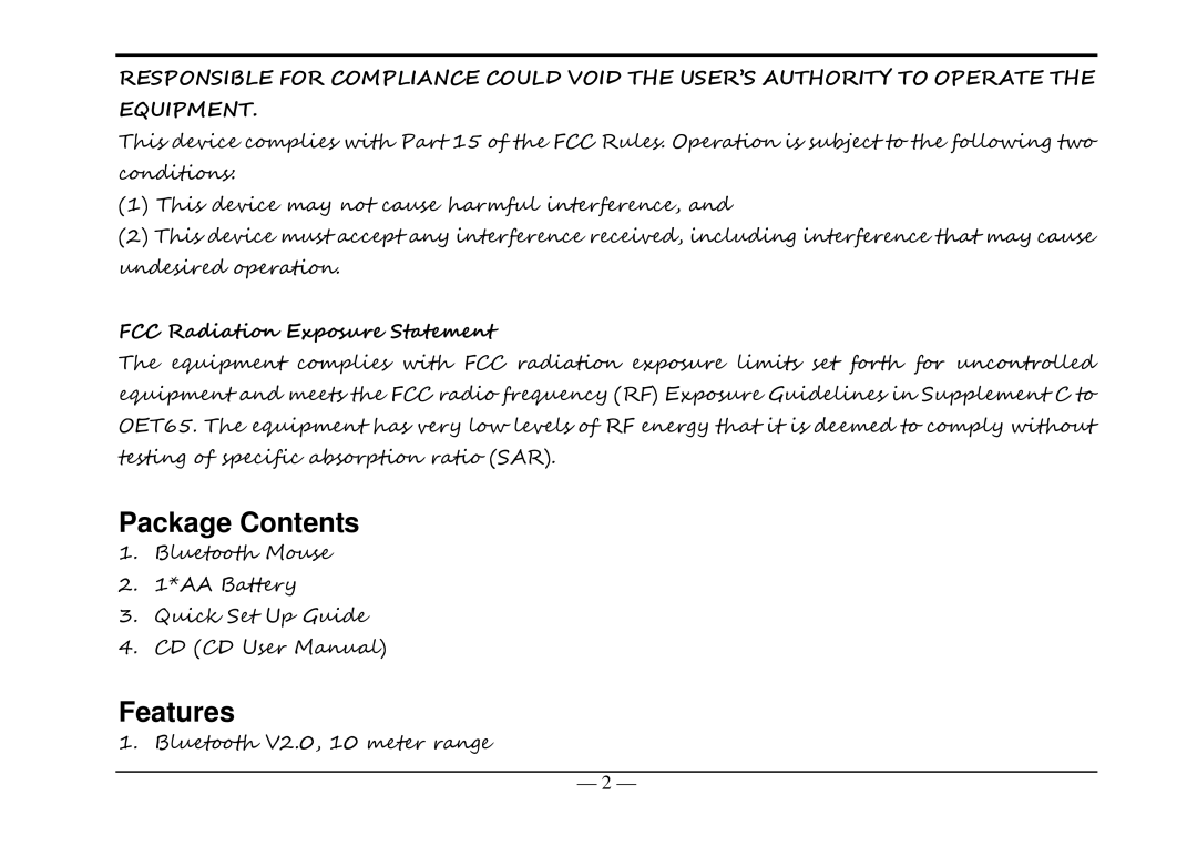 A4 Tech BT-630 manual Package Contents, Features, FCC Radiation Exposure Statement 