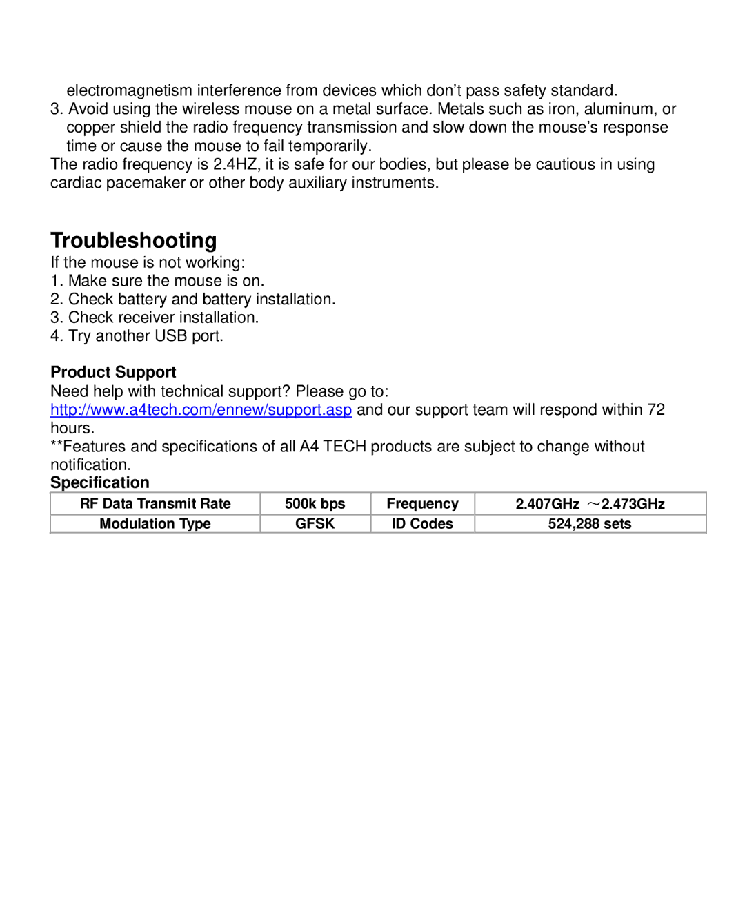 A4 Tech G7-630 user manual Troubleshooting, Product Support, Specification 