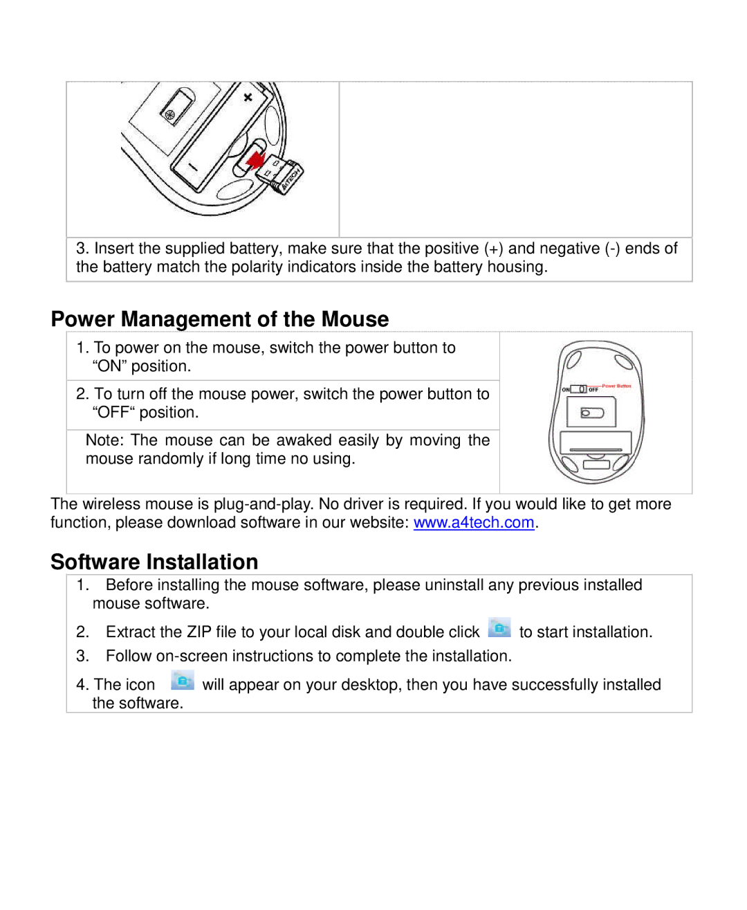 A4 Tech G7-630 user manual Power Management of the Mouse, Software Installation 