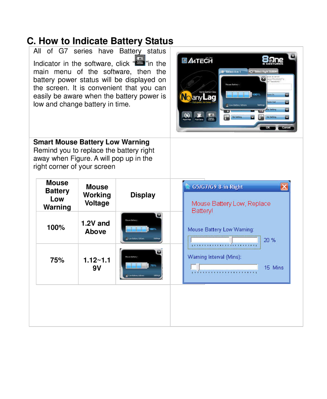 A4 Tech G7-630 user manual How to Indicate Battery Status, Smart Mouse Battery Low Warning, Mouse Battery Working Display 