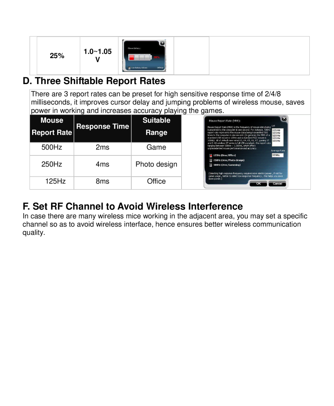 A4 Tech G7-630 user manual Three Shiftable Report Rates, Set RF Channel to Avoid Wireless Interference, 25% ~1.05 