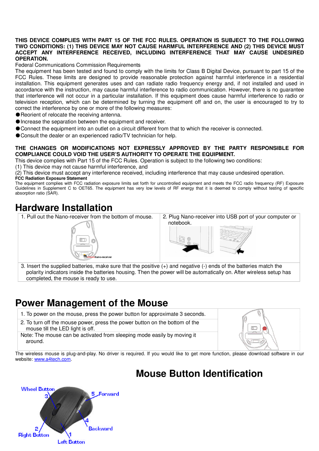 A4 Tech G7-750 user manual Hardware Installation, Power Management of the Mouse, Mouse Button Identification 