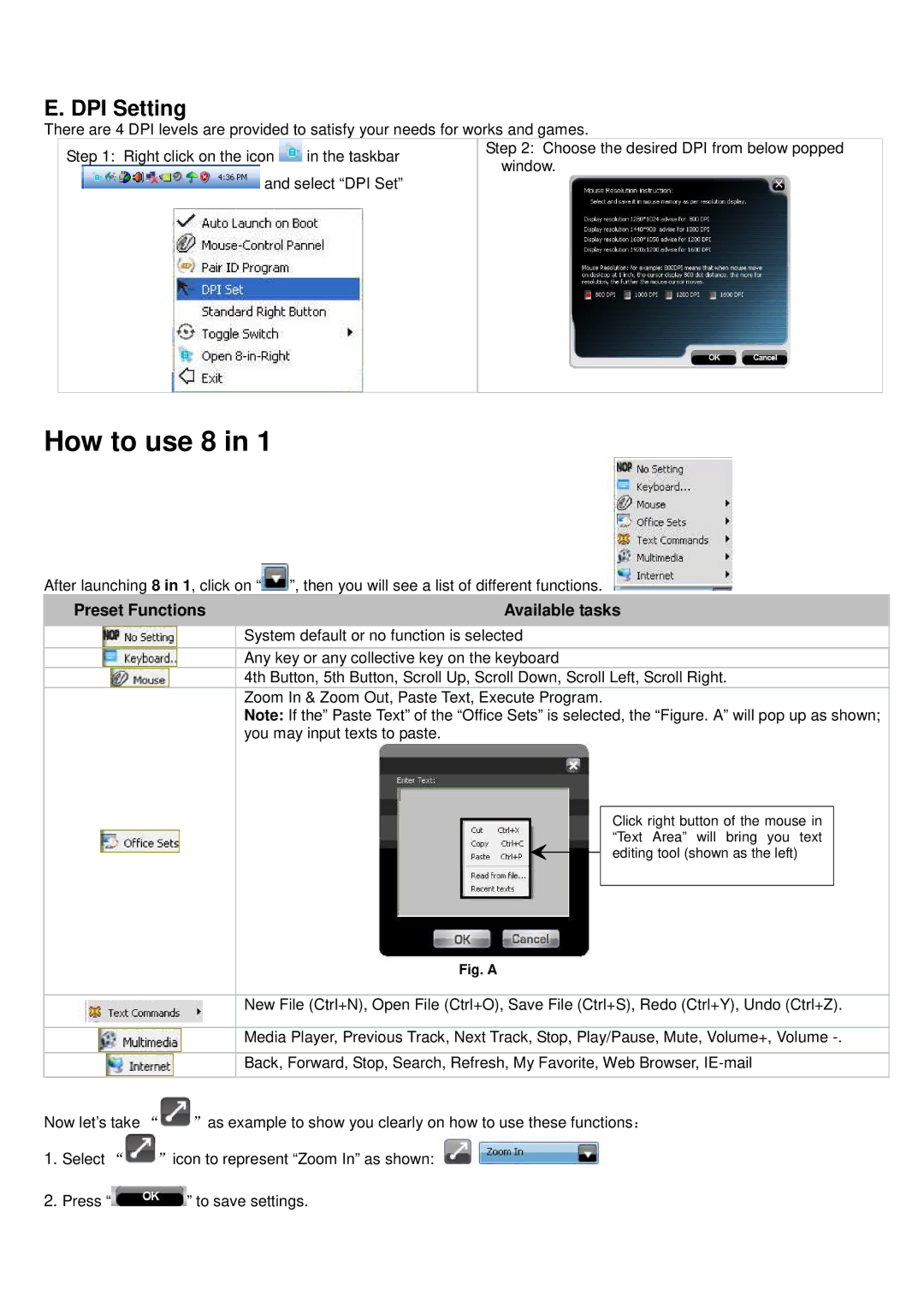 A4 Tech G7-750 user manual Preset Functions Available tasks, You may input texts to paste 