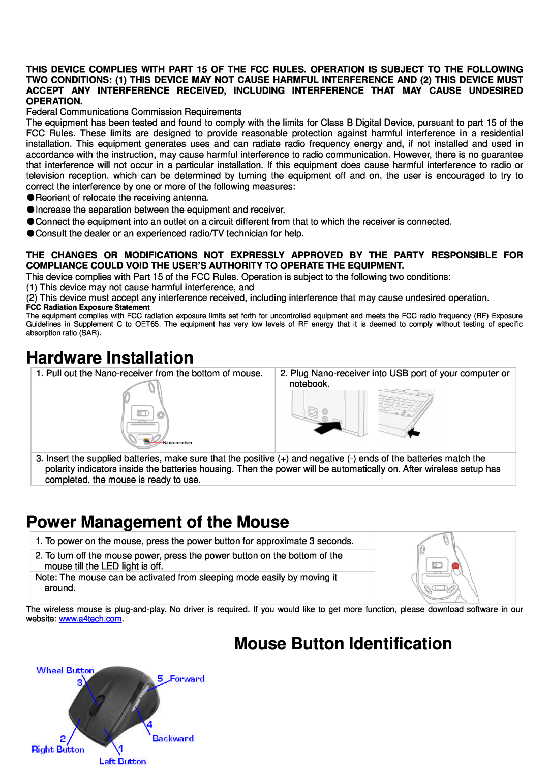 A4 Tech G7-750 user manual Hardware Installation, Power Management of the Mouse, Mouse Button Identification 