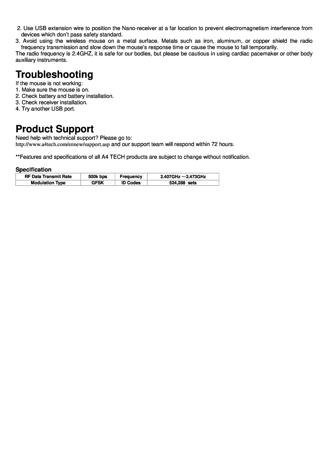 A4 Tech G7-750 user manual Troubleshooting, Product Support, Specification 
