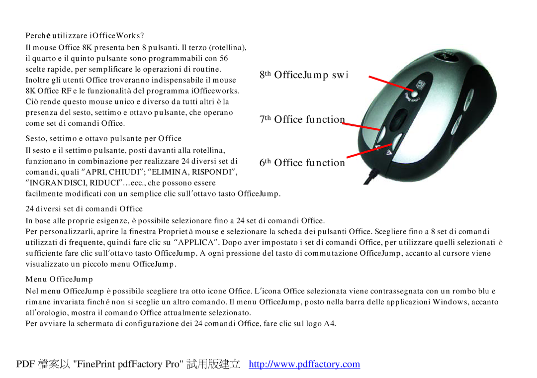 A4 Tech Office 8K manual Perché utilizzare iOfficeWorks?, Sesto, settimo e ottavo pulsante per Office, Menu OfficeJump 