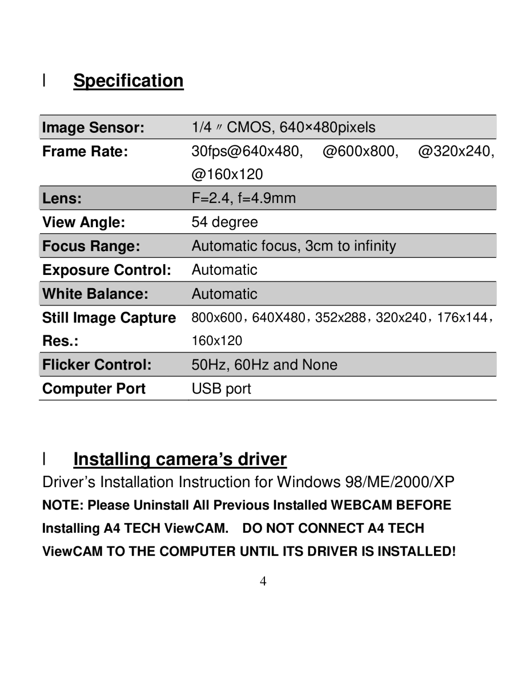 A4 Tech PK-935 user manual Specification, Installing camera’s driver 