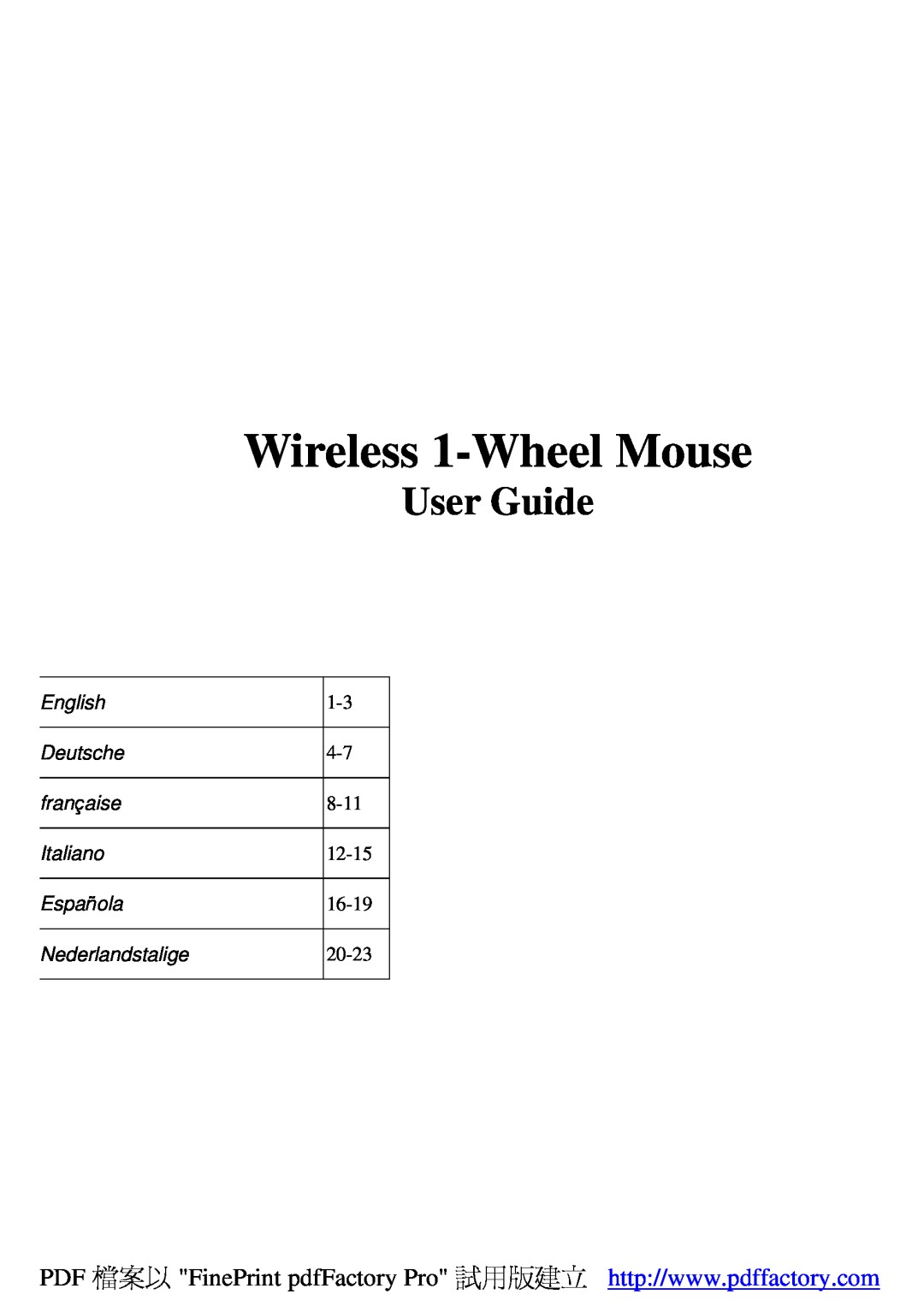 A4 Tech Wireless 1-Wheel Mouse manual User Guide, English, Deutsche, française, Italiano, Española, Nederlandstalige, 8-11 