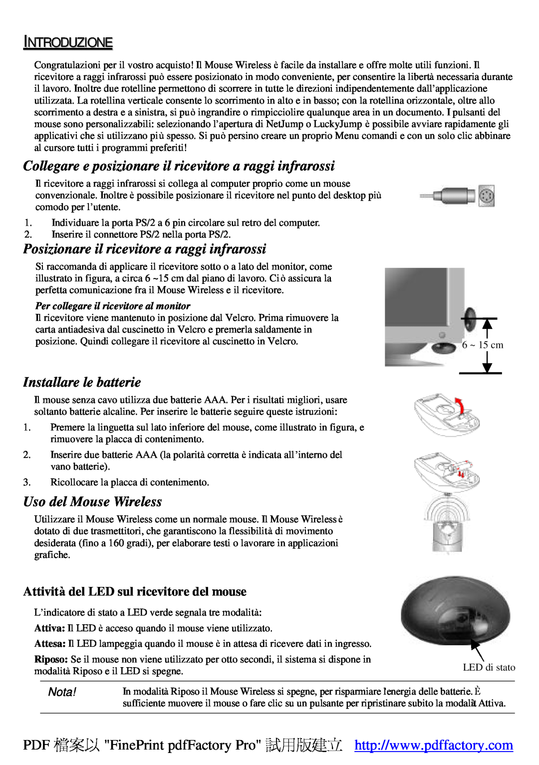 A4 Tech Wireless 1-Wheel Mouse manual Introduzione, Collegare e posizionare il ricevitore a raggi infrarossi, Nota 