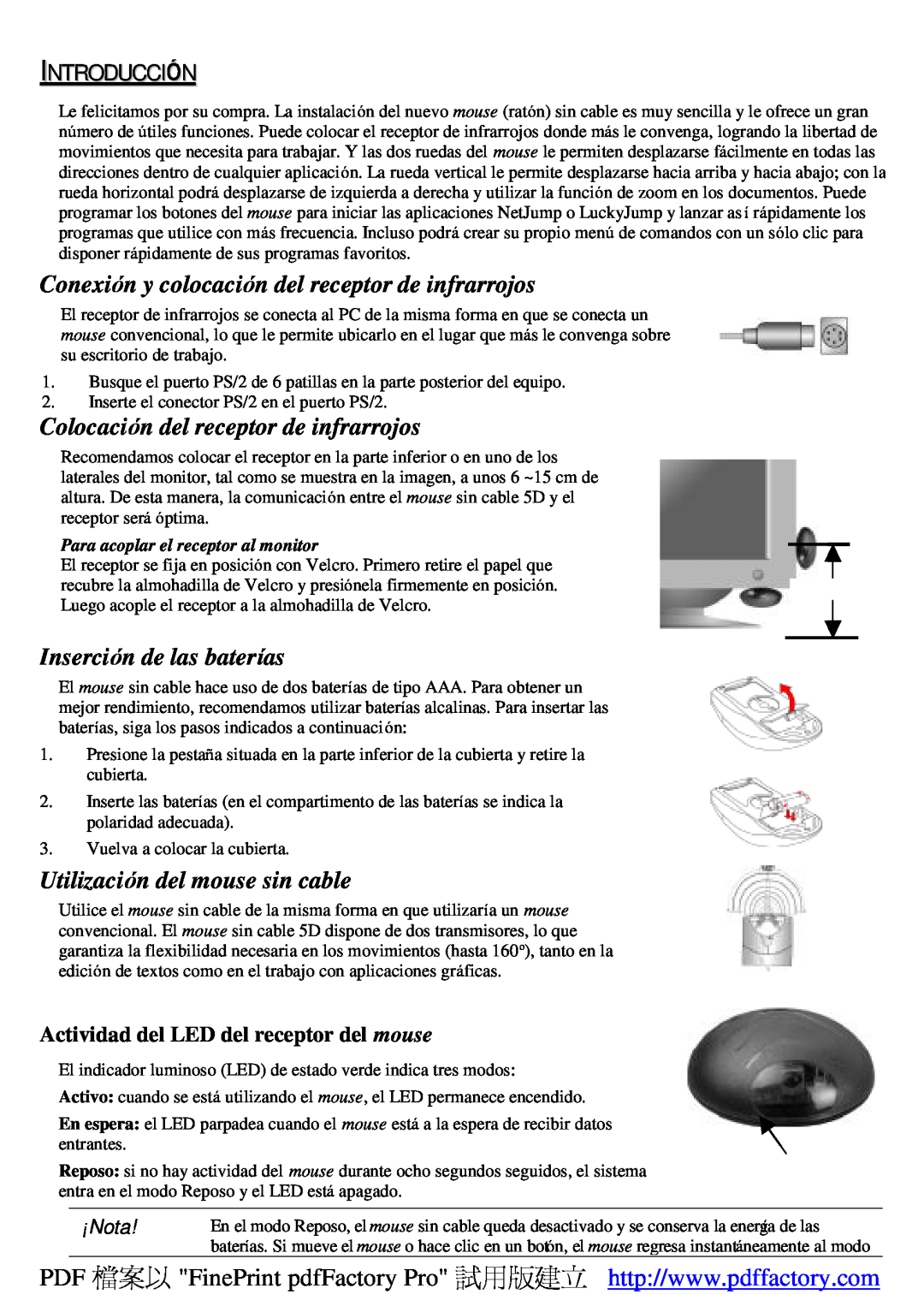 A4 Tech Wireless 1-Wheel Mouse Introducción, Conexión y colocación del receptor de infrarrojos, Inserción de las baterías 
