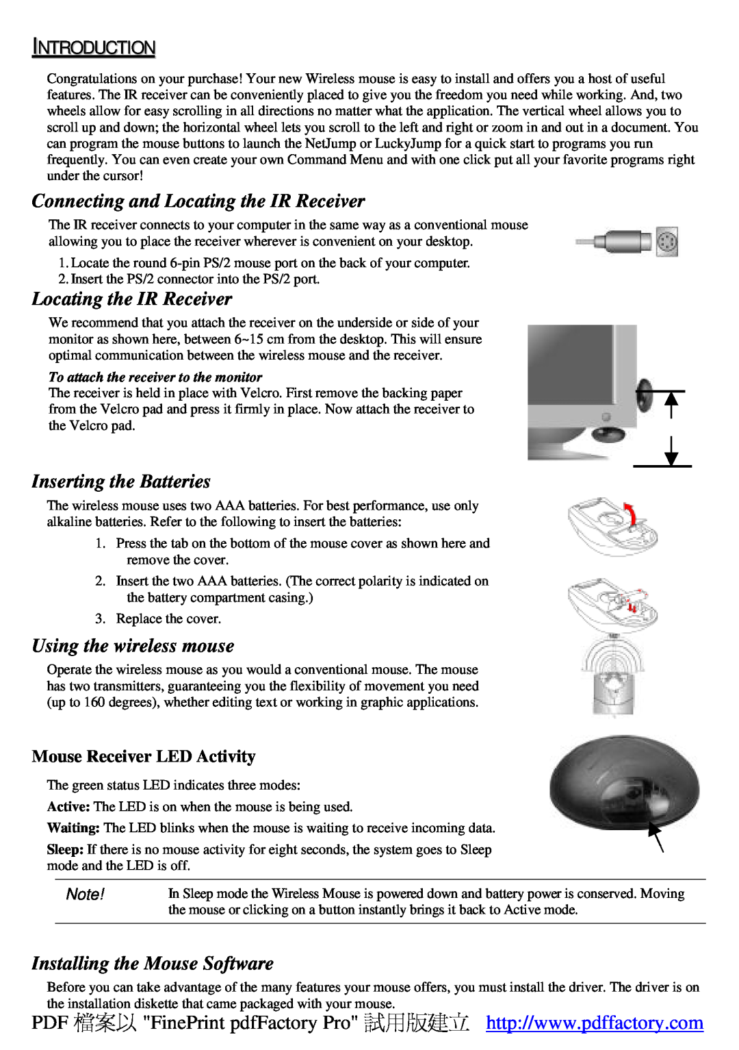A4 Tech Wireless 1-Wheel Mouse manual Introduction, Connecting and Locating the IR Receiver, Inserting the Batteries 
