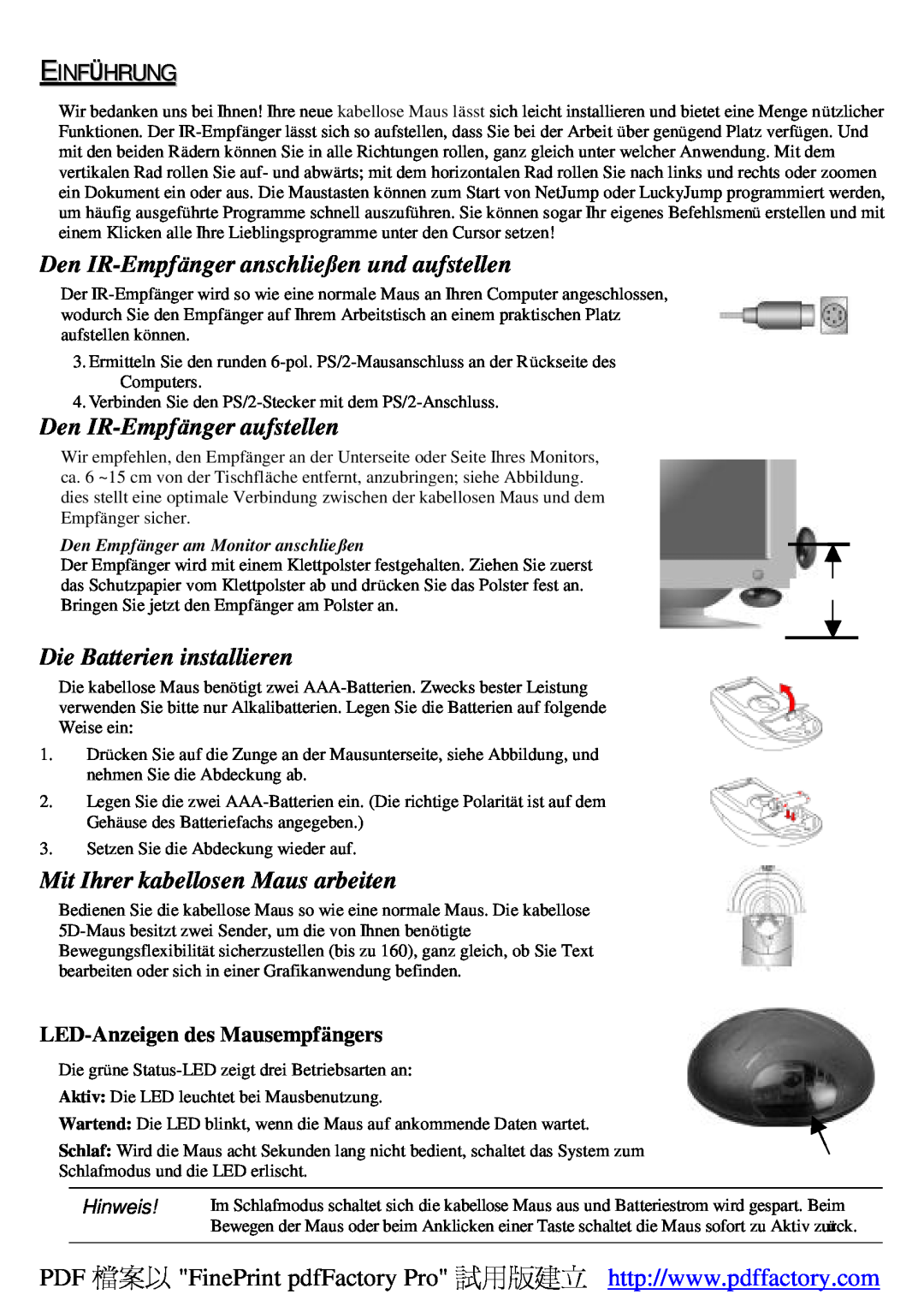 A4 Tech Wireless 1-Wheel Mouse manual Einführung, Den IR-Empfänger anschließen und aufstellen, Den IR-Empfänger aufstellen 
