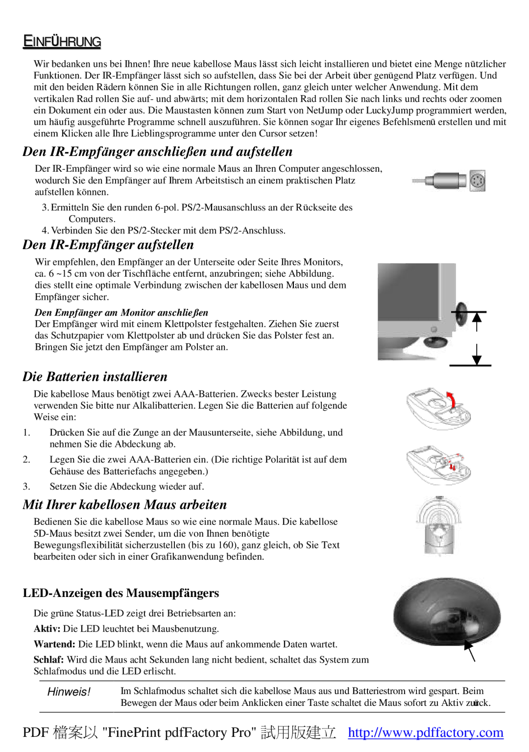 A4 Tech Wireless 1-Wheel Mouse manual Einführung, Den IR-Empfänger anschließen und aufstellen, Den IR-Empfänger aufstellen 