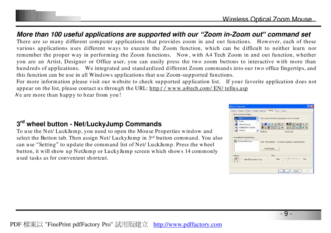 A4 Tech Wireless Optical Zoom Mouse manual 3rd wheel button Net/LuckyJump Commands 