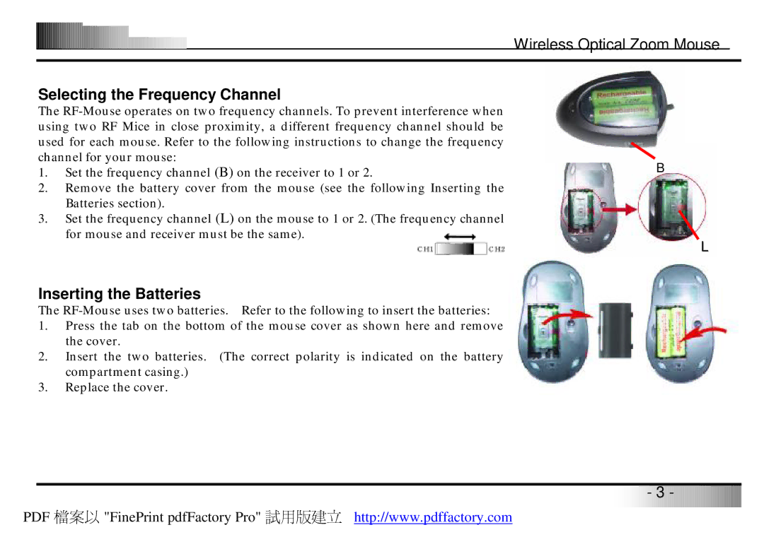 A4 Tech Wireless Optical Zoom Mouse manual Selecting the Frequency Channel, Inserting the Batteries 