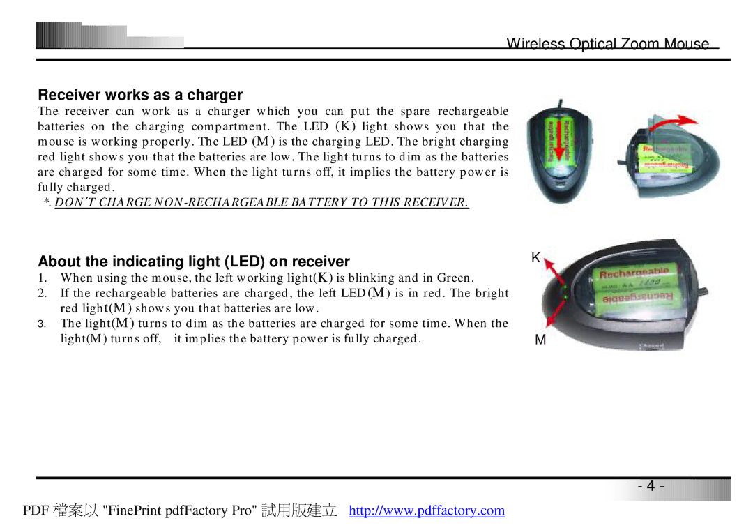 A4 Tech Wireless Optical Zoom Mouse manual Receiver works as a charger, About the indicating light LED on receiver 