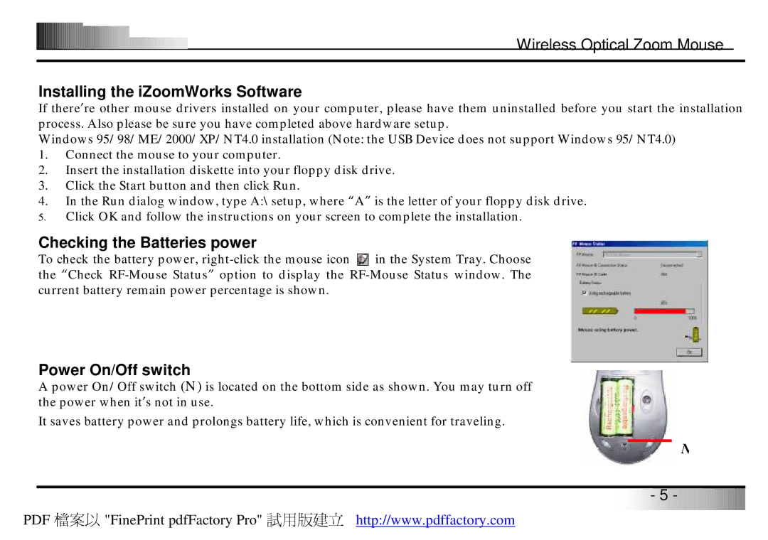 A4 Tech Wireless Optical Zoom Mouse Installing the iZoomWorks Software, Checking the Batteries power, Power On/Off switch 