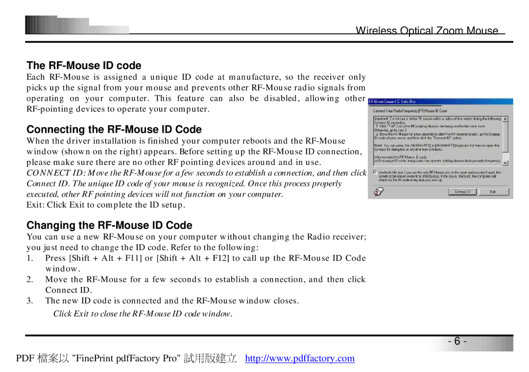 A4 Tech Wireless Optical Zoom Mouse manual RF-Mouse ID code, Connecting the RF-Mouse ID Code, Changing the RF-Mouse ID Code 