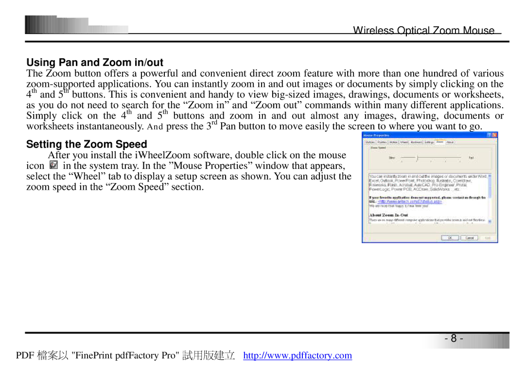 A4 Tech Wireless Optical Zoom Mouse manual Using Pan and Zoom in/out, Setting the Zoom Speed 