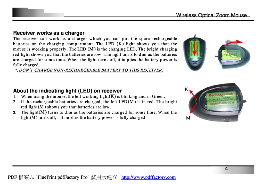 A4 Tech Wireless Optical Zoom Mouse manual Receiver works as a charger, About the indicating light LED on receiver 