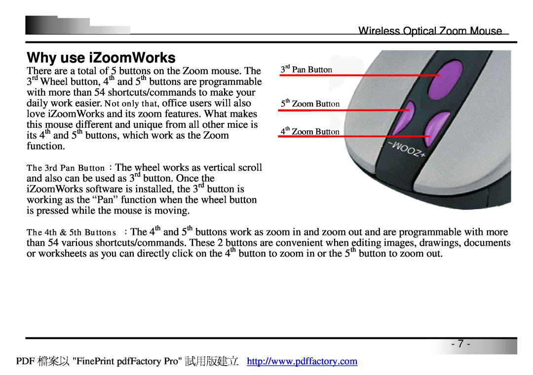 A4 Tech Wireless Optical Zoom Mouse manual Why use iZoomWorks, 3rd Pan Button 5th Zoom Button 4th Zoom Button 