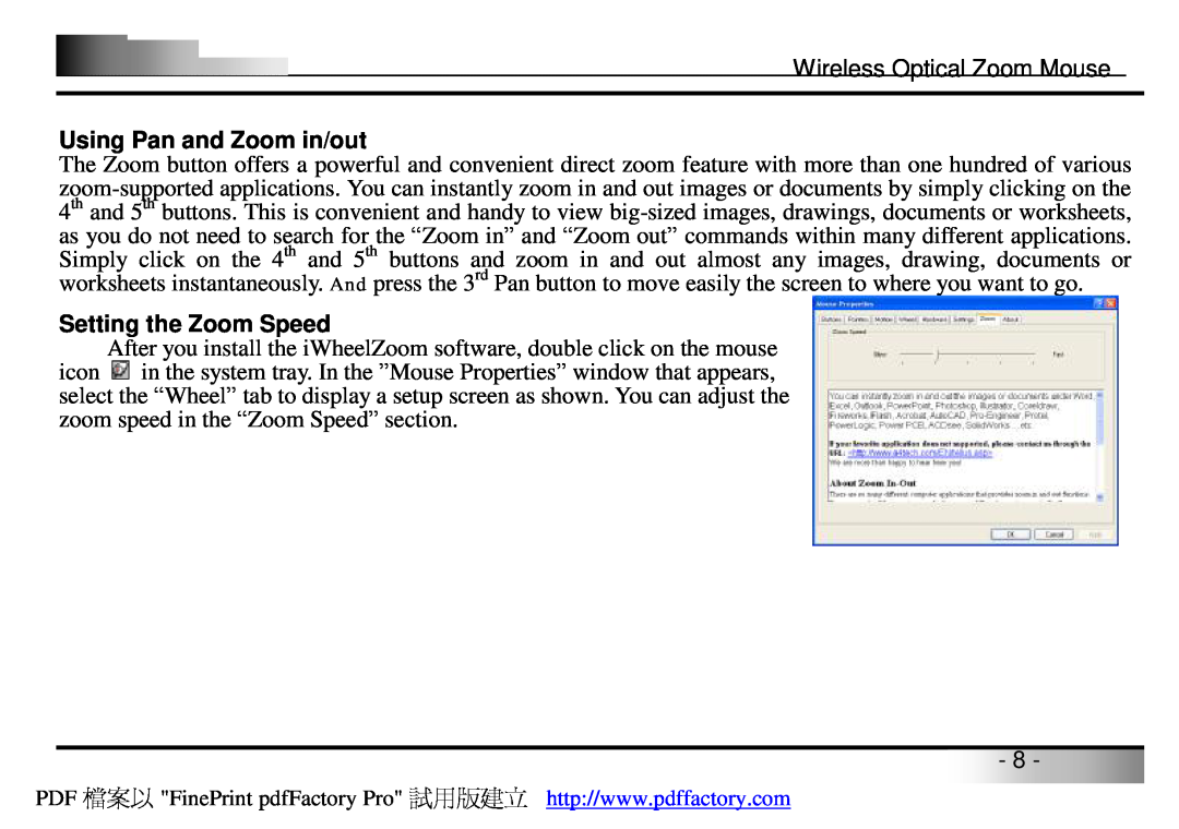 A4 Tech Wireless Optical Zoom Mouse manual Using Pan and Zoom in/out, Setting the Zoom Speed 