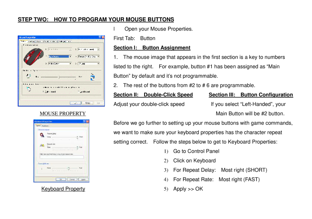 A4 Tech X-708 user manual Section I Button Assignment, Section Double-Click Speed Section III Button Configuration 