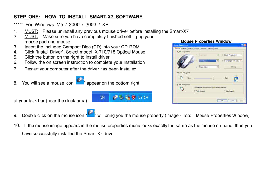 A4 Tech X-710, X-718 Step ONE HOW to Install SMART-X7 Software, For Windows Me / 2000 / 2003 / XP, Mouse pad and mouse 