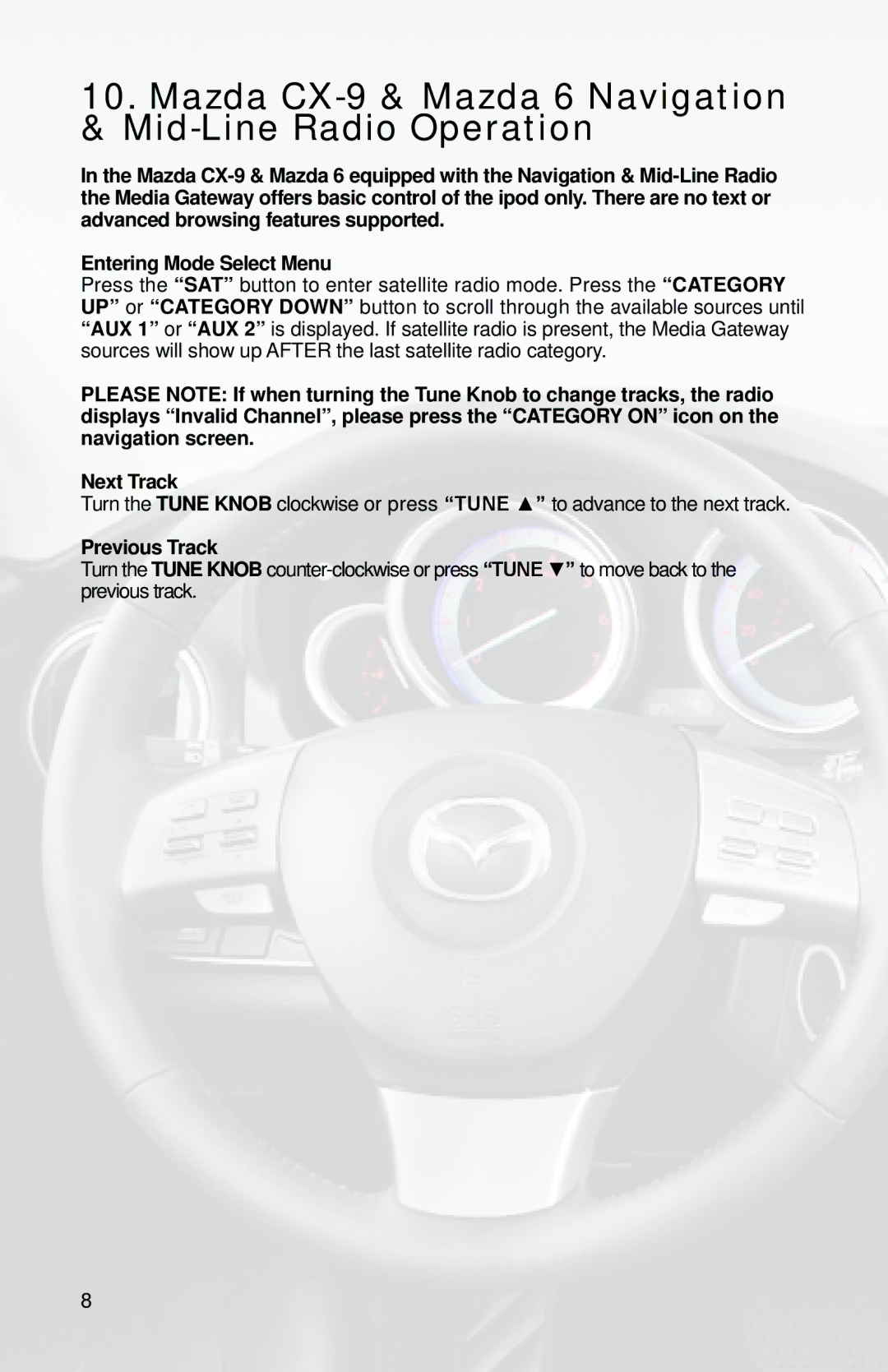 AAMP of America PGHMZ1 owner manual Mazda CX-9 & Mazda 6 Navigation & Mid-Line Radio Operation 