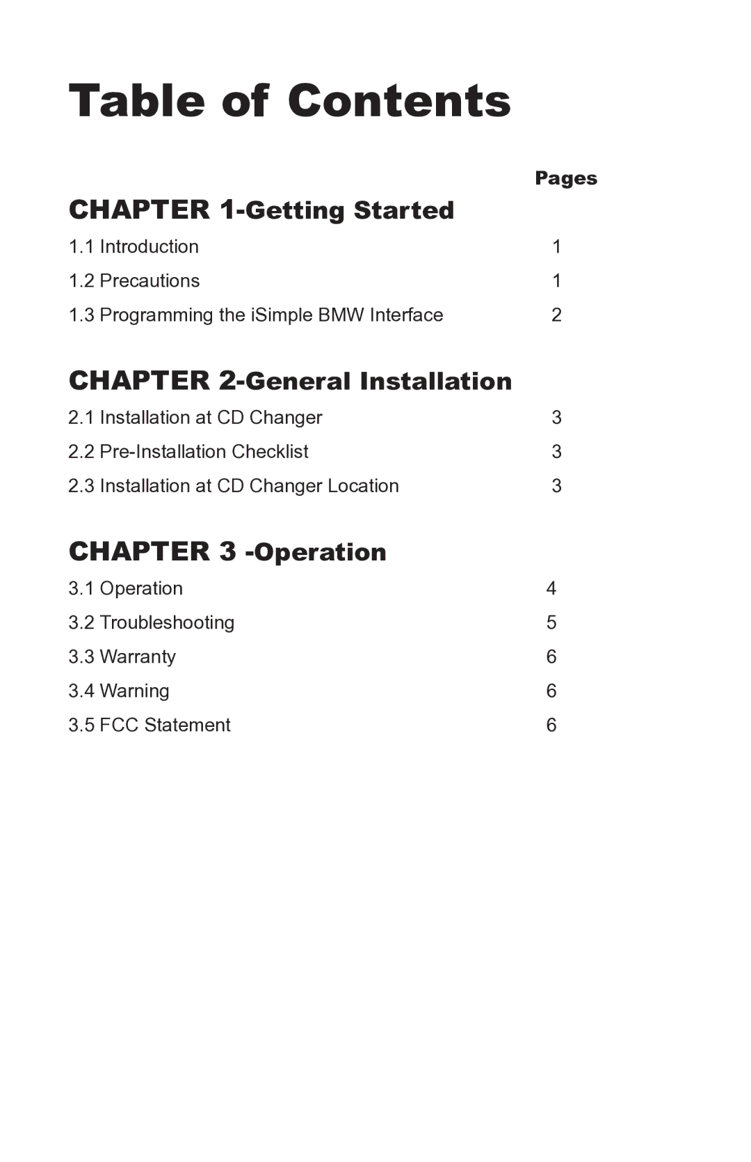 AAMP of America Simple iPod Interface for BMW instruction manual Table of Contents 