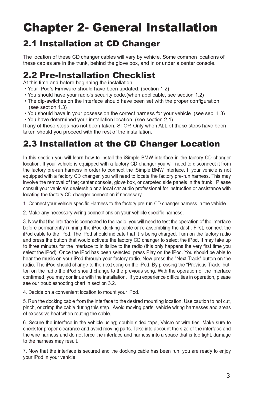 AAMP of America Simple iPod Interface for BMW instruction manual Installation at CD Changer, Pre-Installation Checklist 