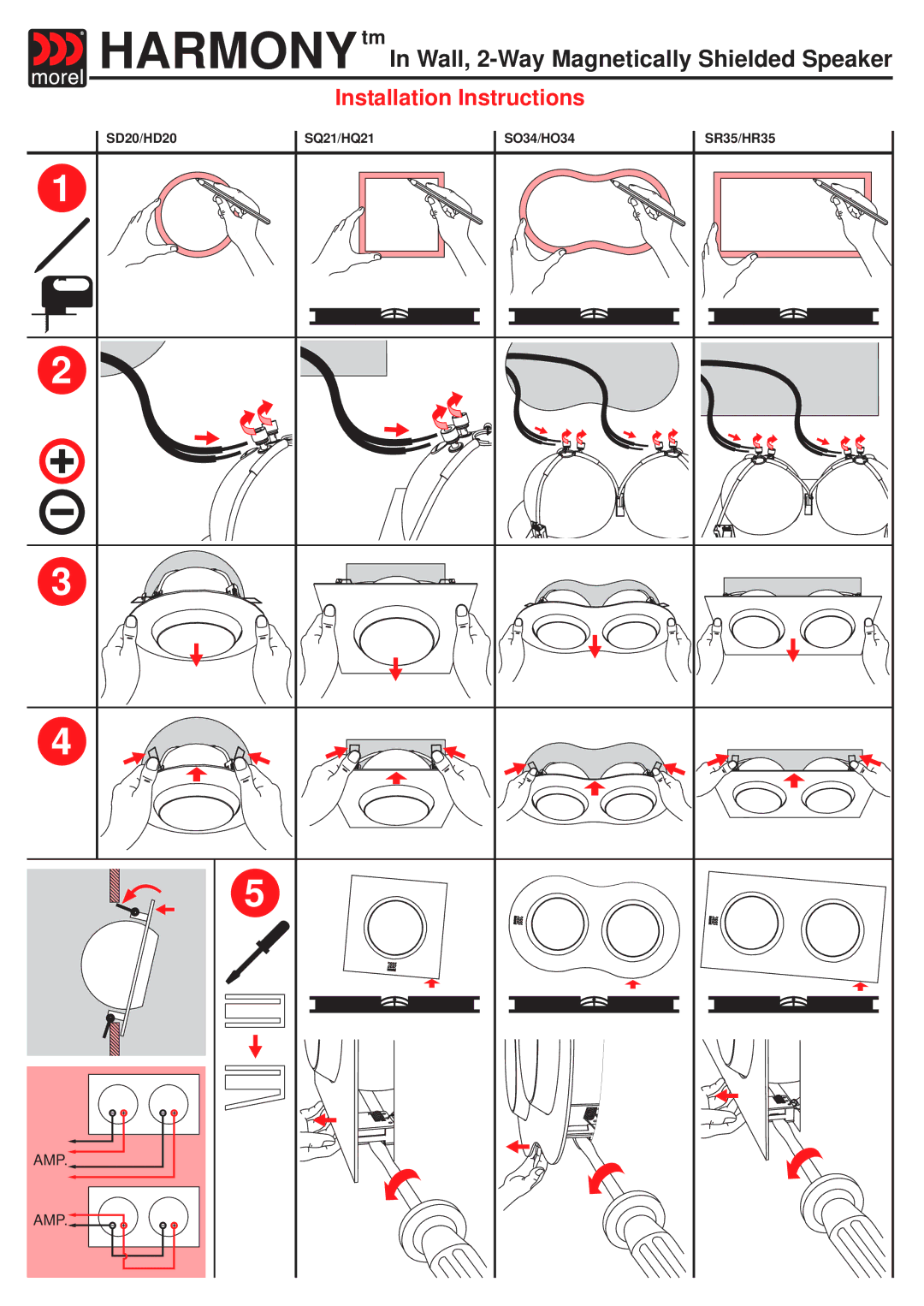 AAMP of America SR35/HR35, SQ21/HQ21 installation instructions HARMONYtm In Wall, 2-Way Magnetically Shielded Speaker 