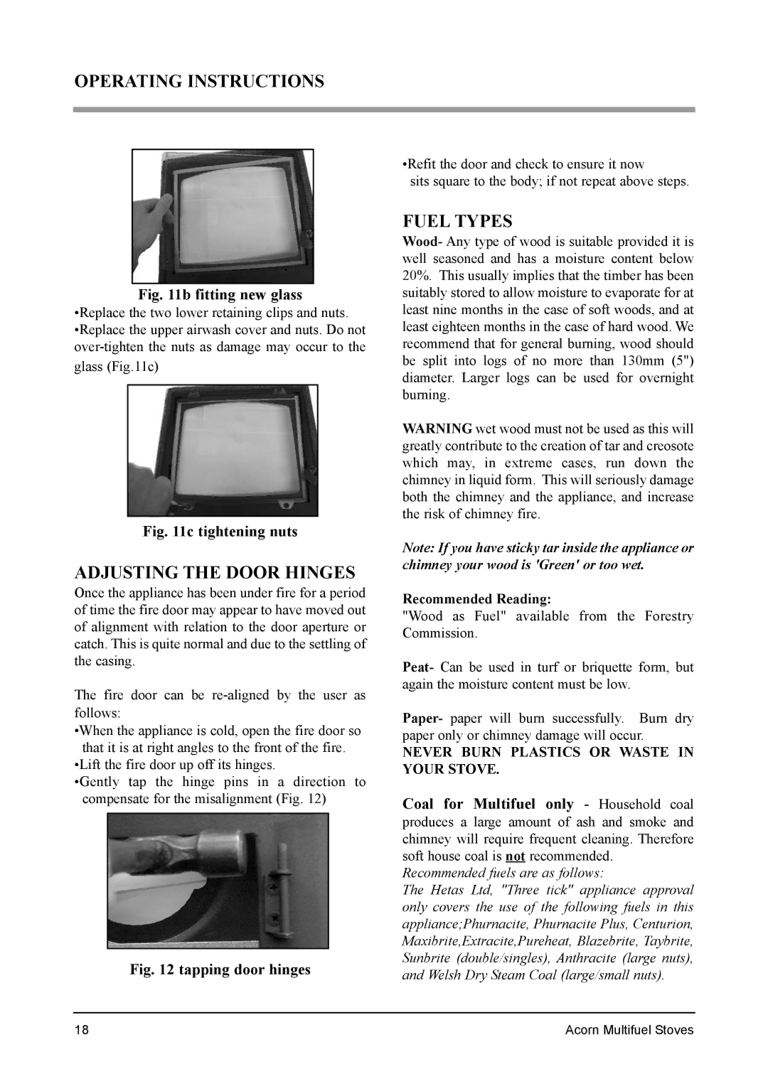 Aarrow Fires 4 installation manual Adjusting the Door Hinges, Fuel Types, Recommended Reading 