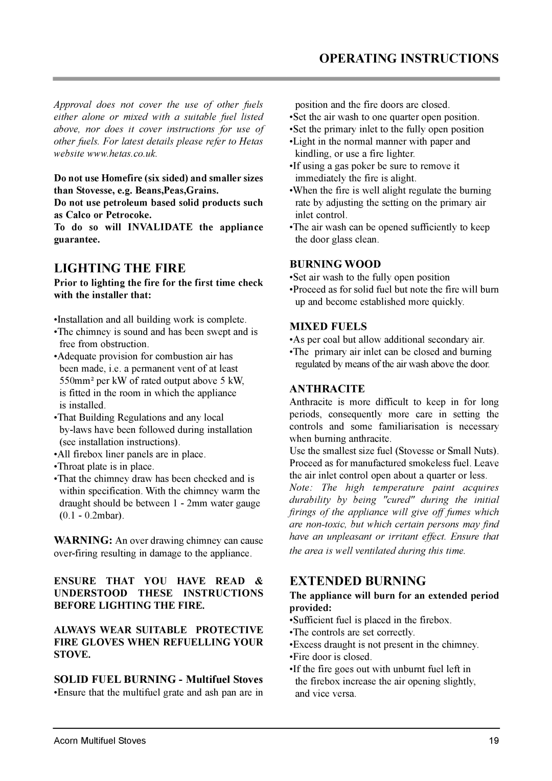 Aarrow Fires 4 installation manual Lighting the Fire, Extended Burning, Burning Wood, Mixed Fuels, Anthracite 