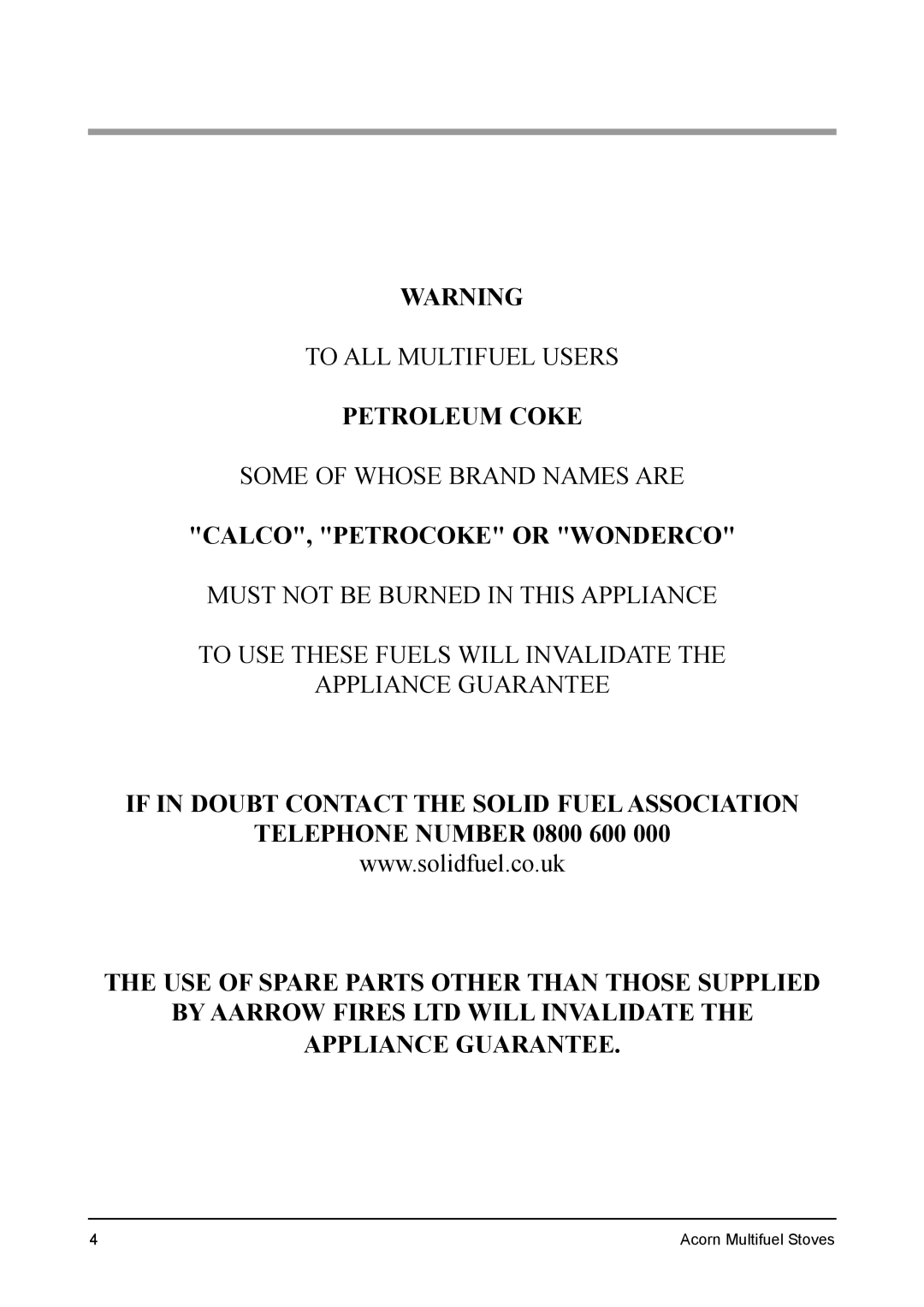 Aarrow Fires 4 installation manual Petroleum Coke 