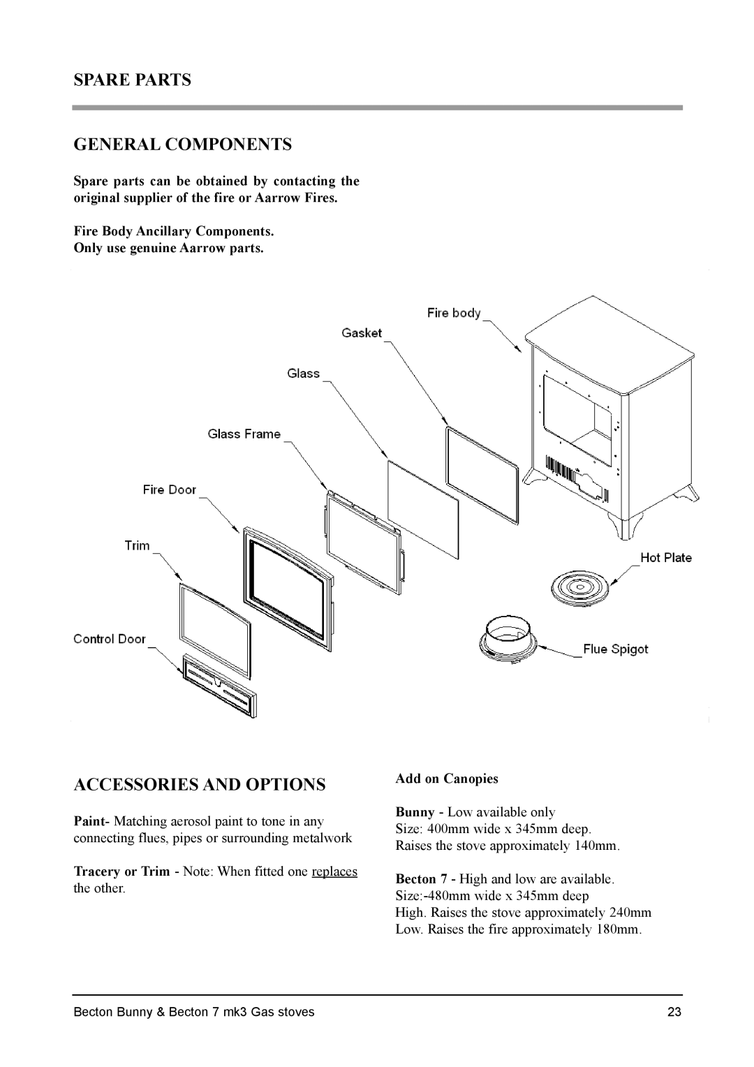 Aarrow Fires Becton 7 mk3, Becton Bunny Spare Parts General Components, Accessories and Options, Add on Canopies 