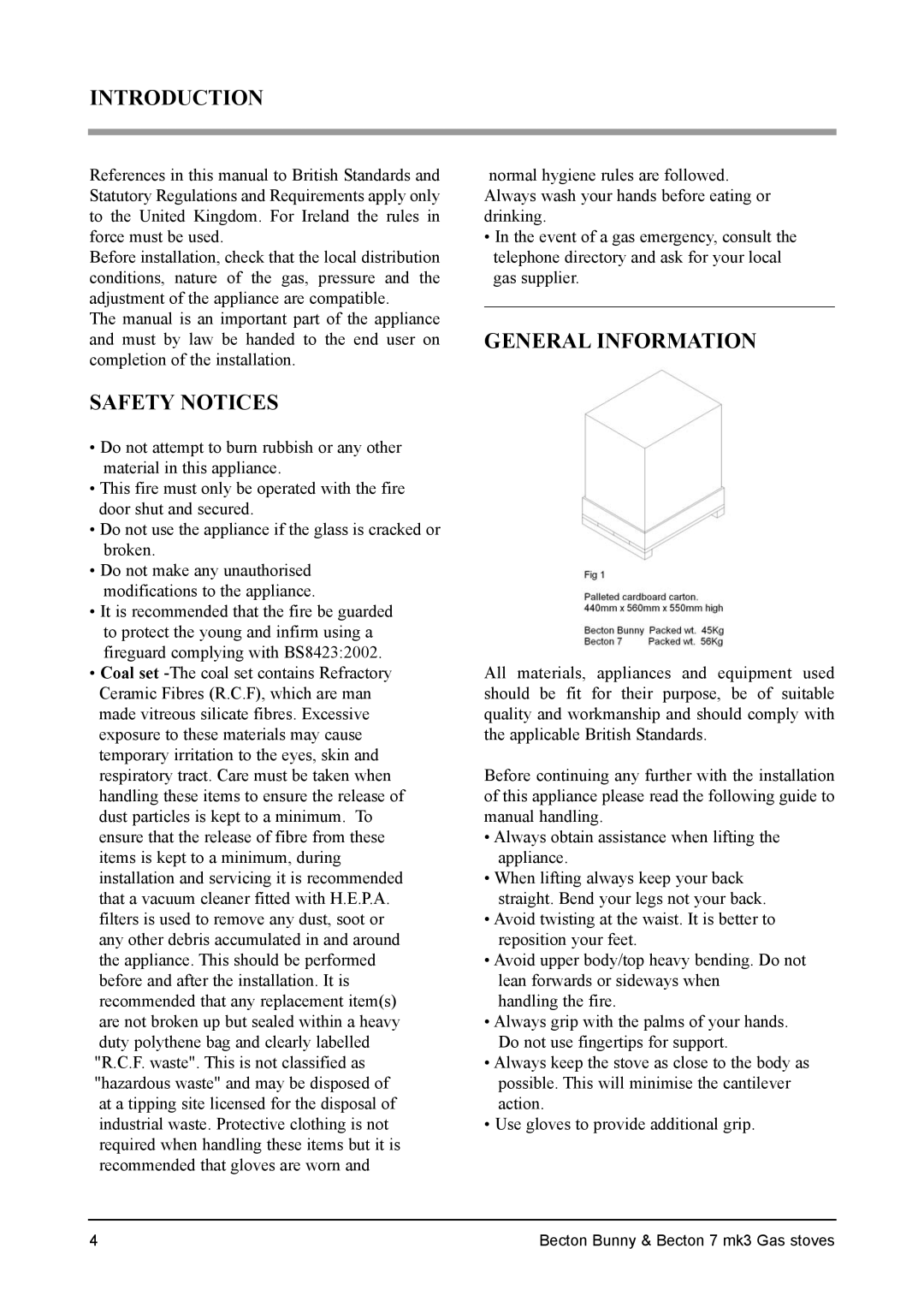 Aarrow Fires Becton Bunny, Becton 7 mk3 installation manual Introduction, Safety Notices, General Information 