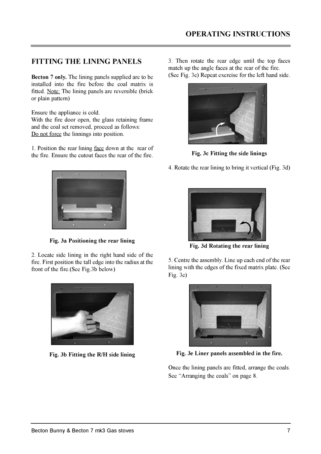 Aarrow Fires Becton 7 mk3, Becton Bunny Operating Instructions Fitting the Lining Panels, Positioning the rear lining 