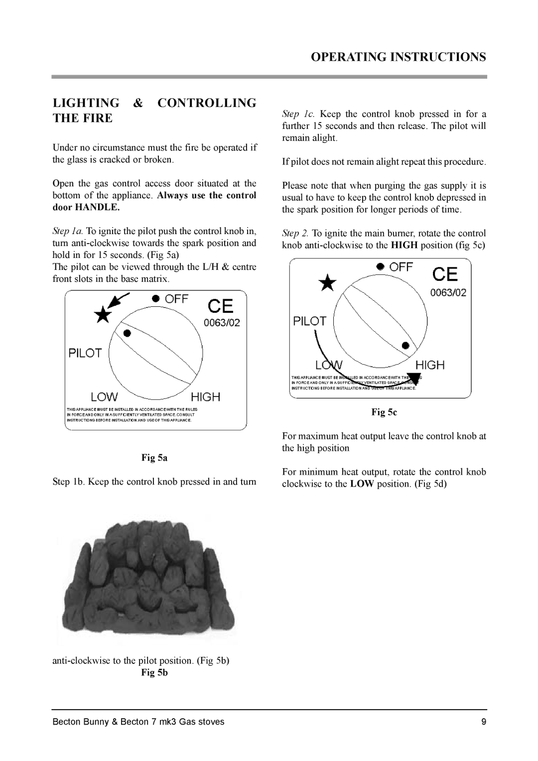 Aarrow Fires Becton 7 mk3, Becton Bunny installation manual Operating Instructions Lighting & Controlling the Fire 