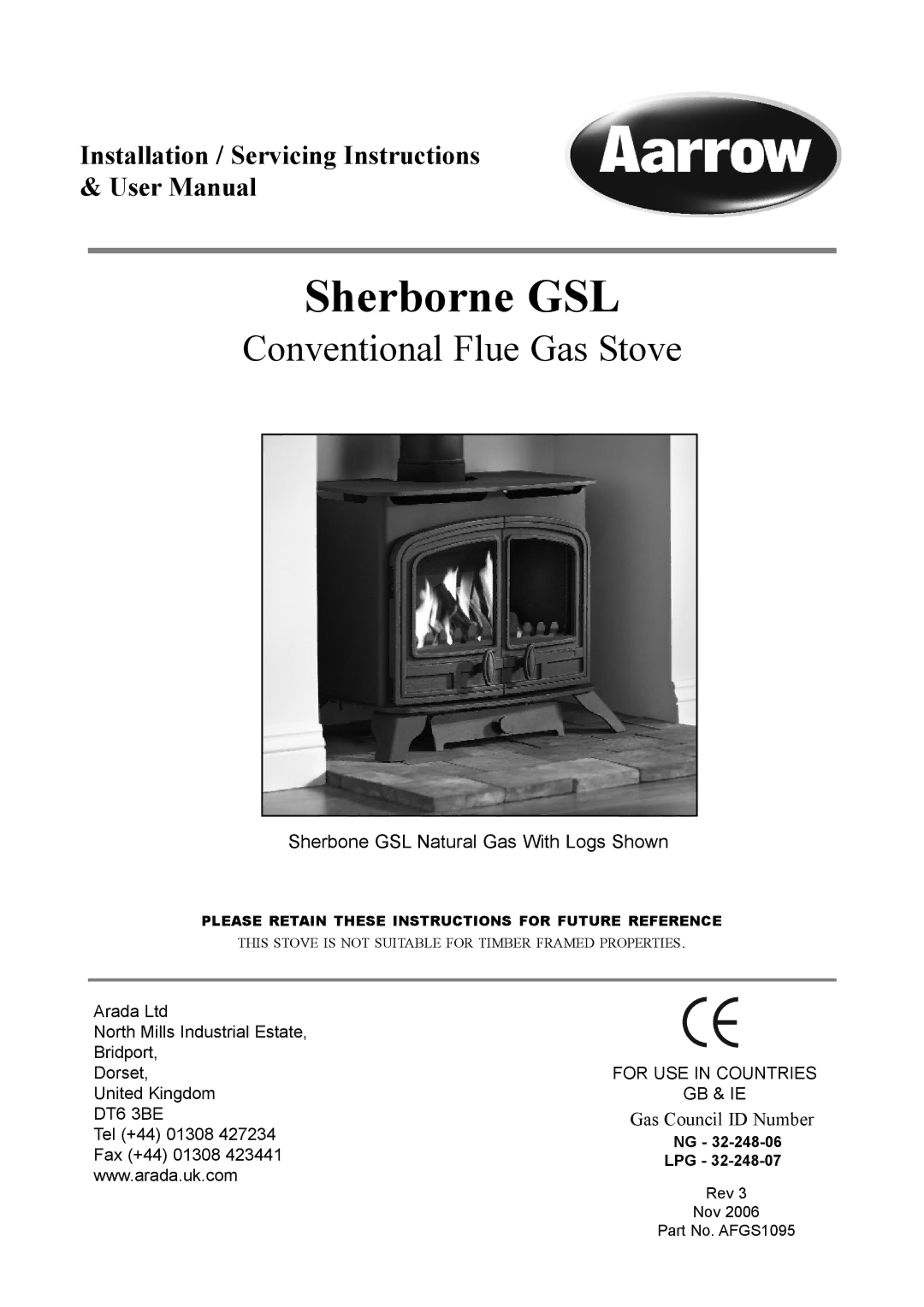 Aarrow Fires Gas Stove user manual Sherborne GSL 