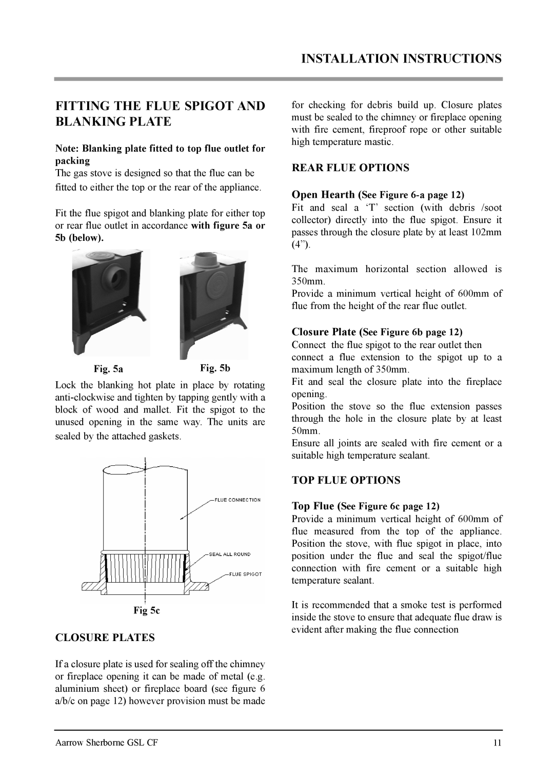 Aarrow Fires Gas Stove user manual Closure Plates, Rear Flue Options, TOP Flue Options 