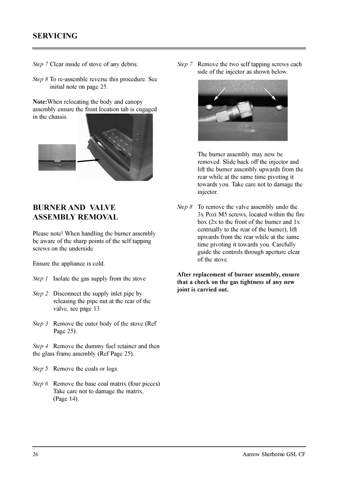 Aarrow Fires Gas Stove user manual Servicing, Burner and Valve Assembly Removal 