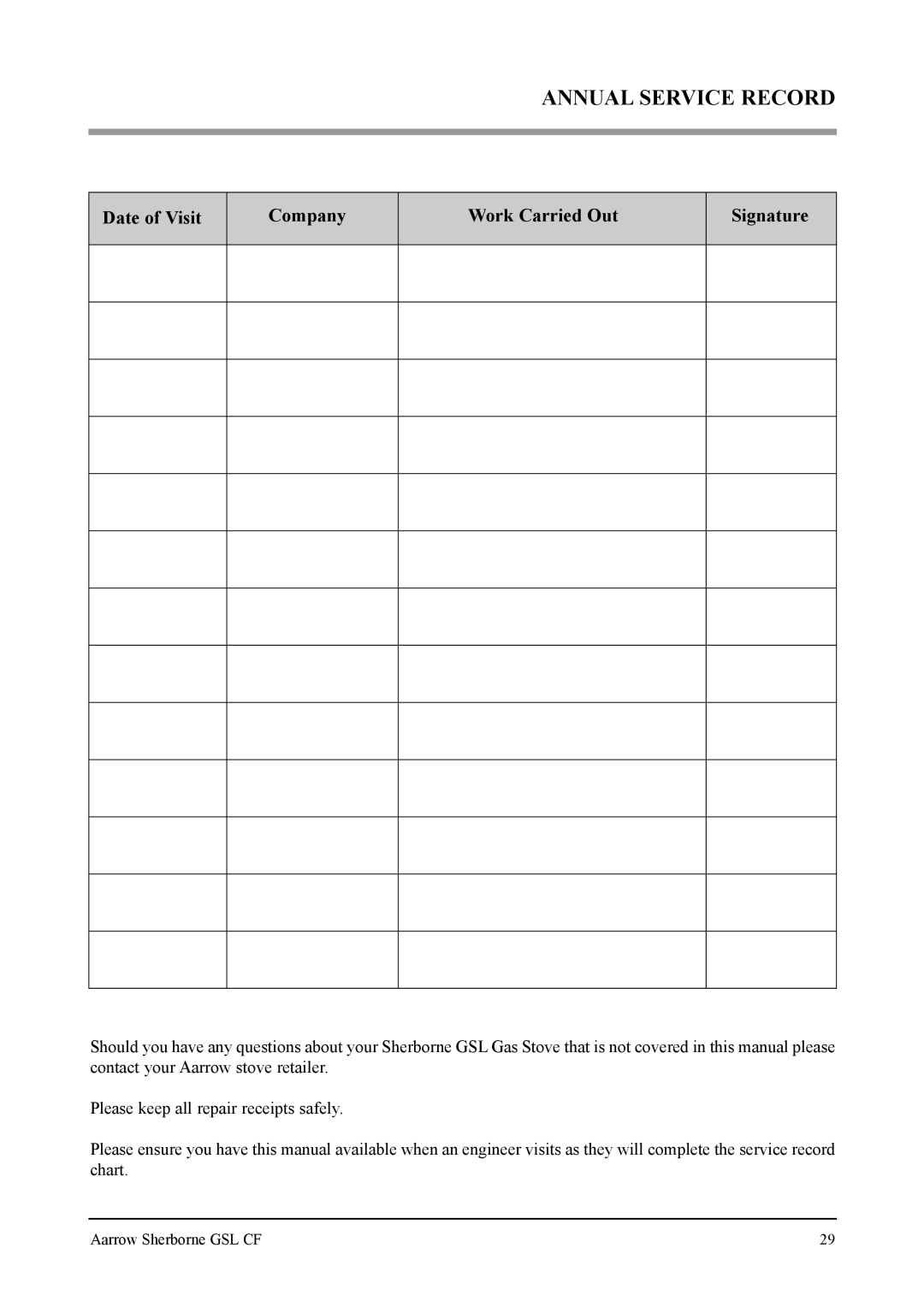 Aarrow Fires Gas Stove user manual Annual Service Record, Date of Visit Company Work Carried Out Signature 