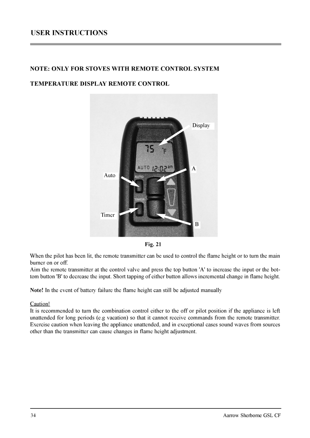 Aarrow Fires Gas Stove user manual Temperature Display Remote Control 