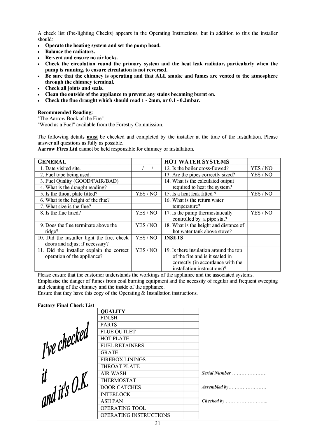 Aarrow Fires SF 50 operating instructions General HOT Water Systems, Factory Final Check List 