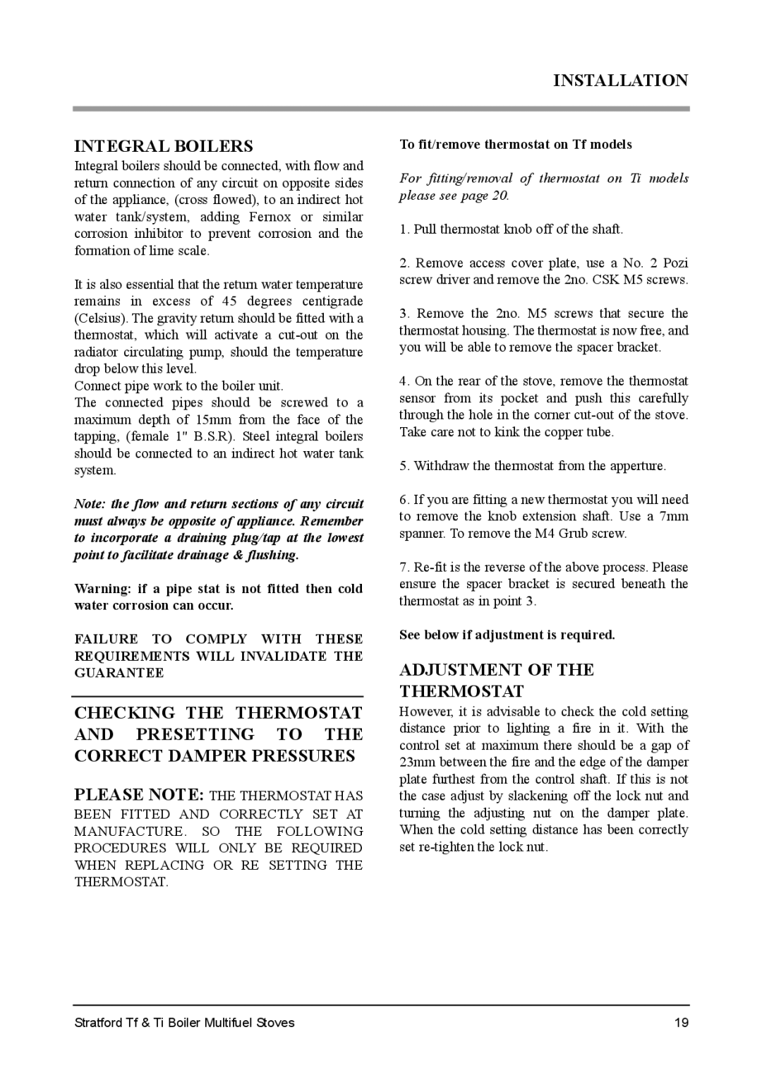 Aarrow Fires Stratford Ti Installation Integral Boilers, Adjustment Thermostat, To fit/remove thermostat on Tf models 