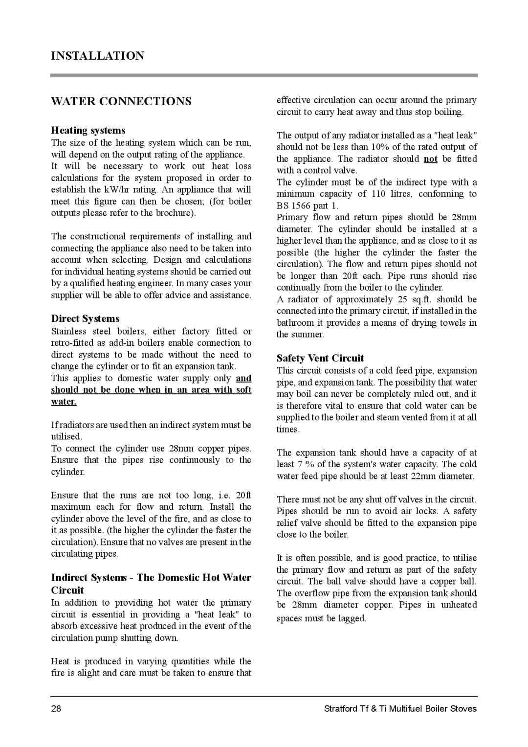 Aarrow Fires Stratford Tf, Stratford Ti installation manual Installation Water Connections, Heating systems 