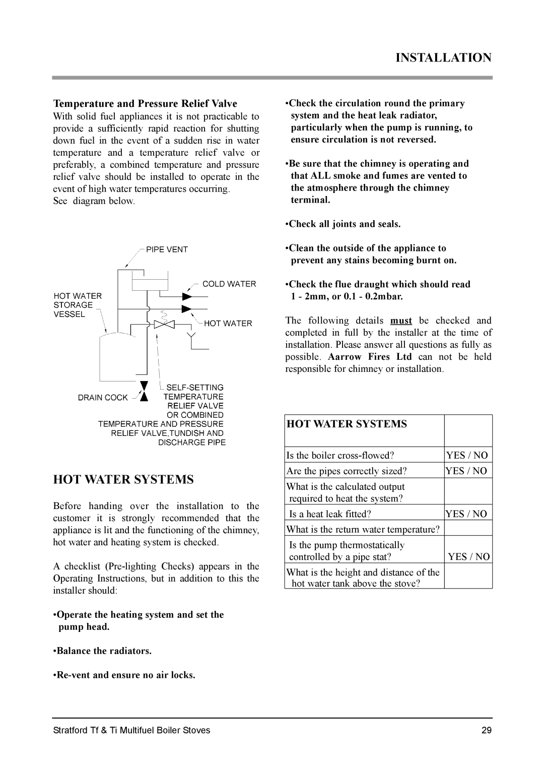 Aarrow Fires Stratford Ti, Stratford Tf installation manual HOT Water Systems 