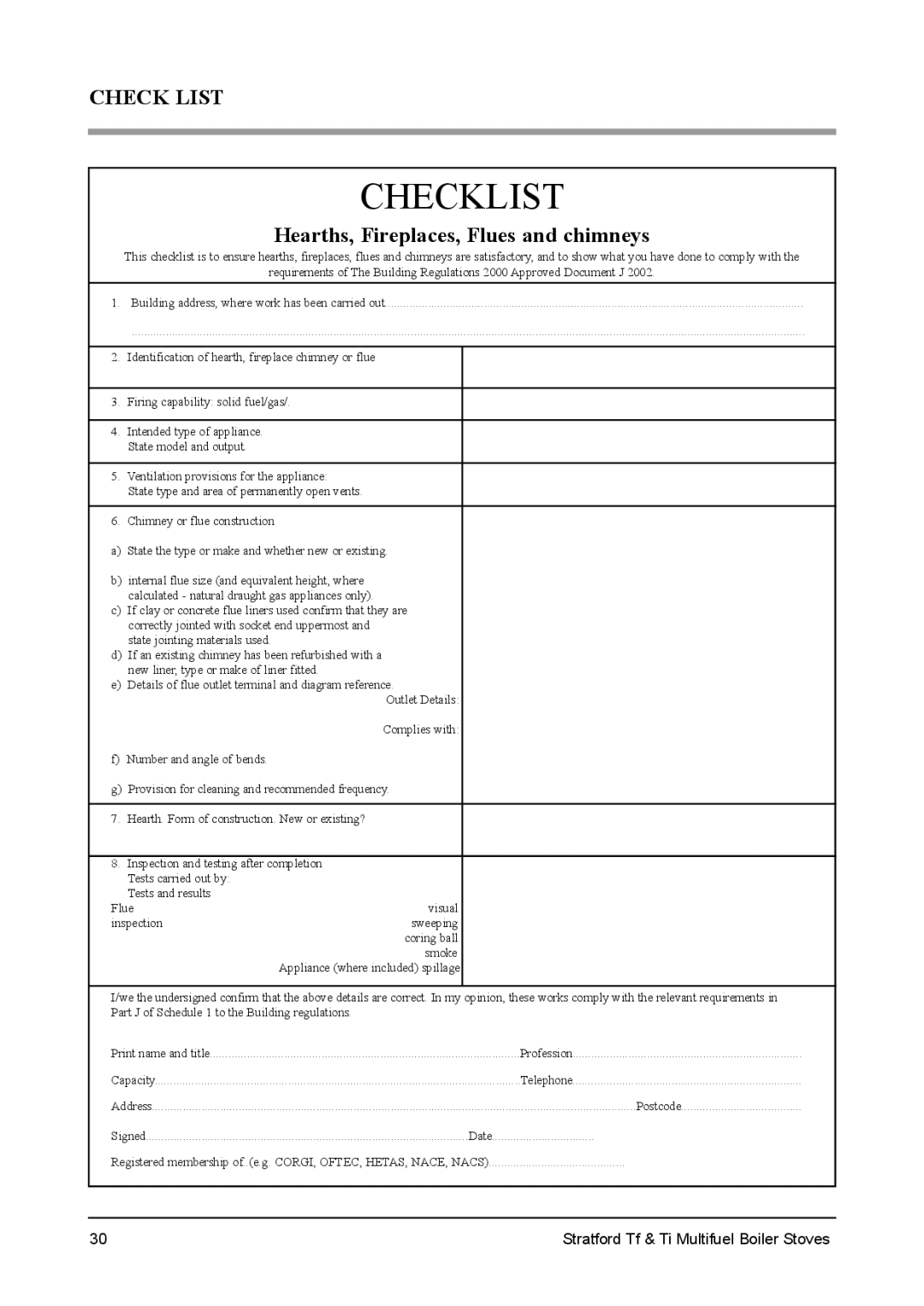 Aarrow Fires Stratford Tf, Stratford Ti installation manual Checklist 